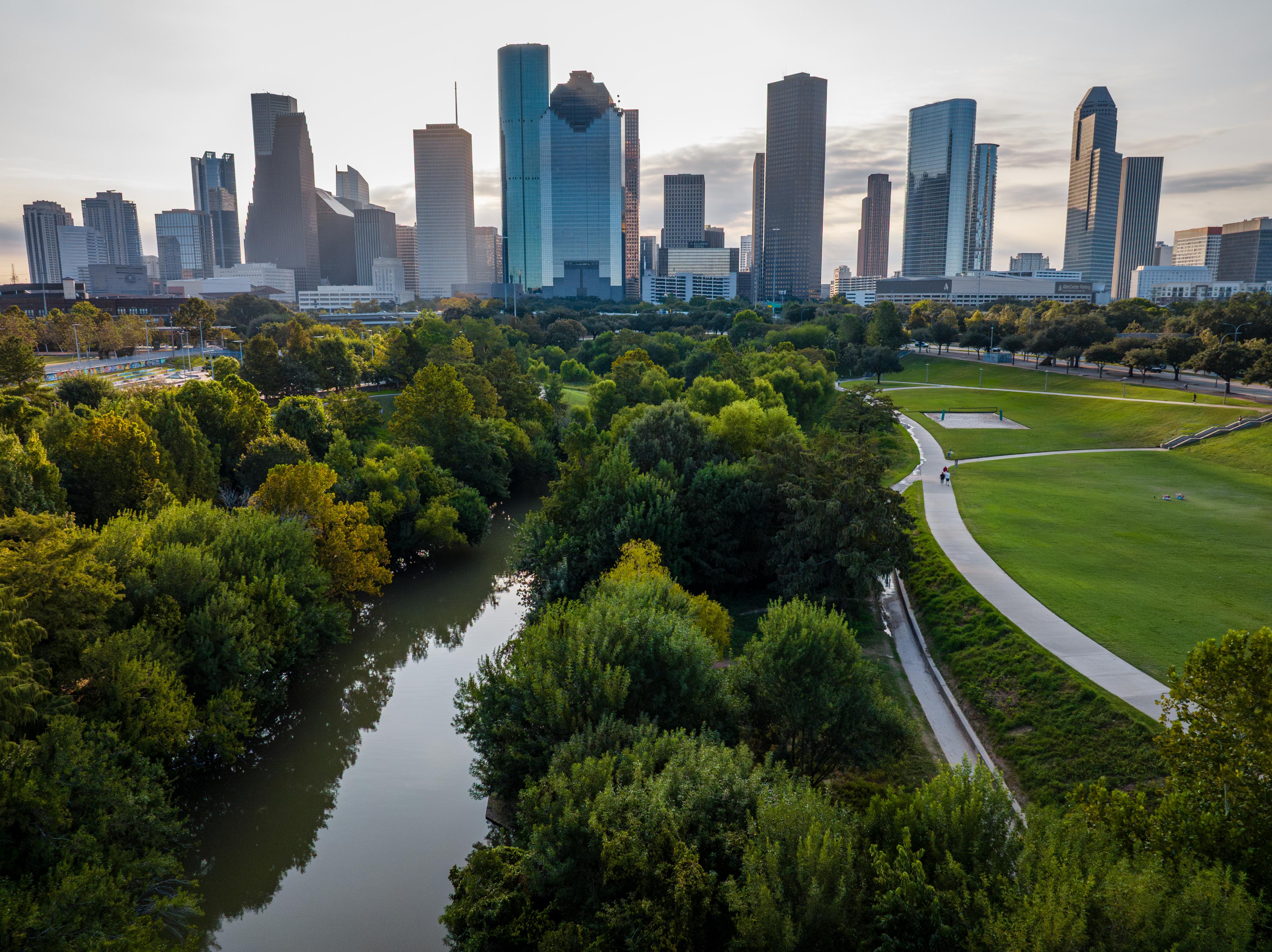 Buffalo Bayou Park with skyline in background