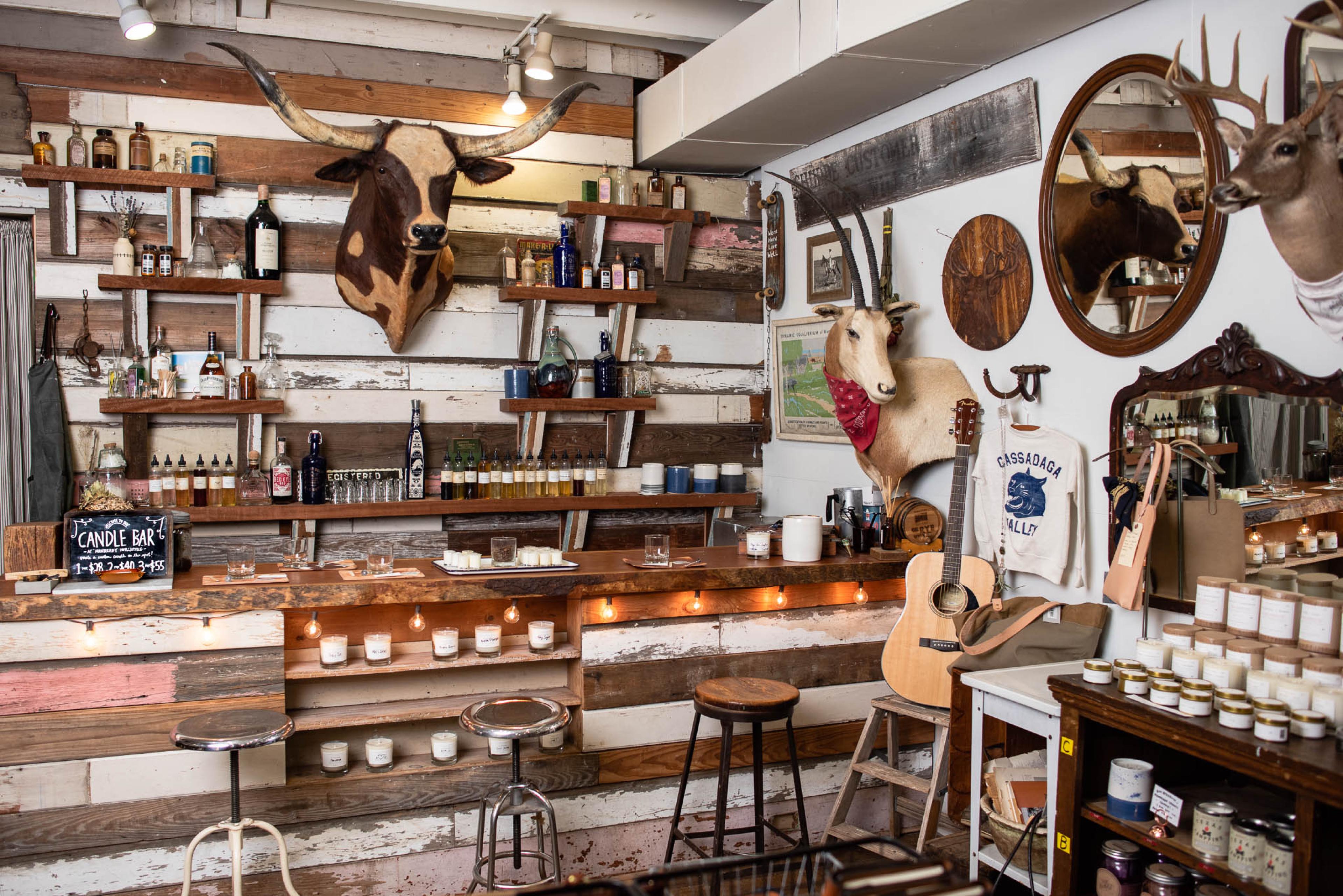 Taxidermy on walls and various merchandise for sale 