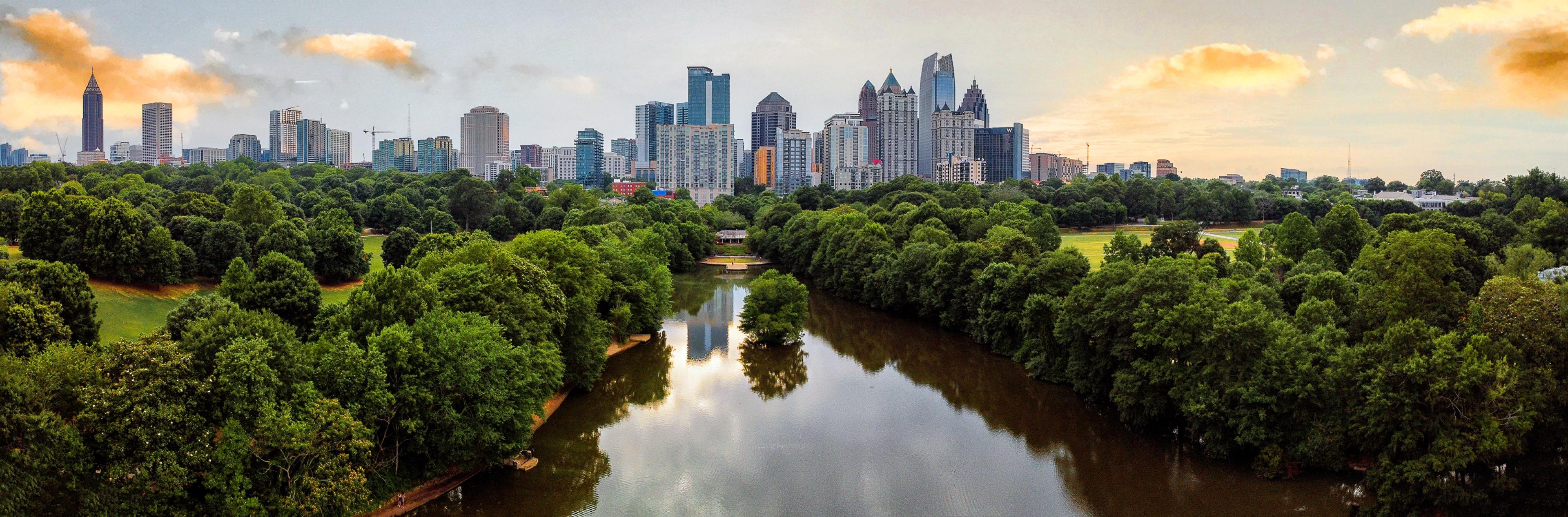 aerial view over atlanta skyline from park 