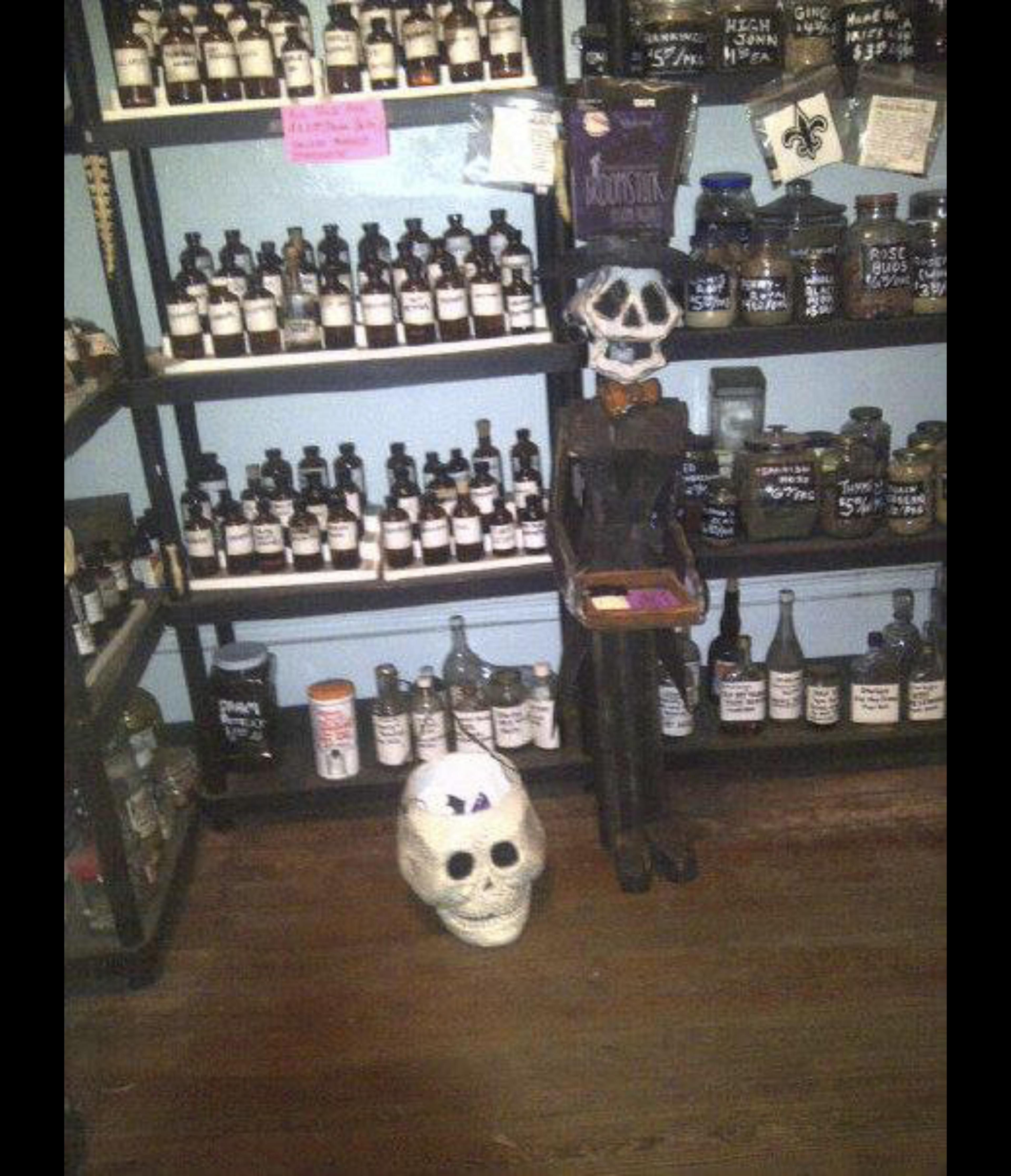 Apothecary-style shelves packed with labeled bottles and jars, with decorative skulls in front.