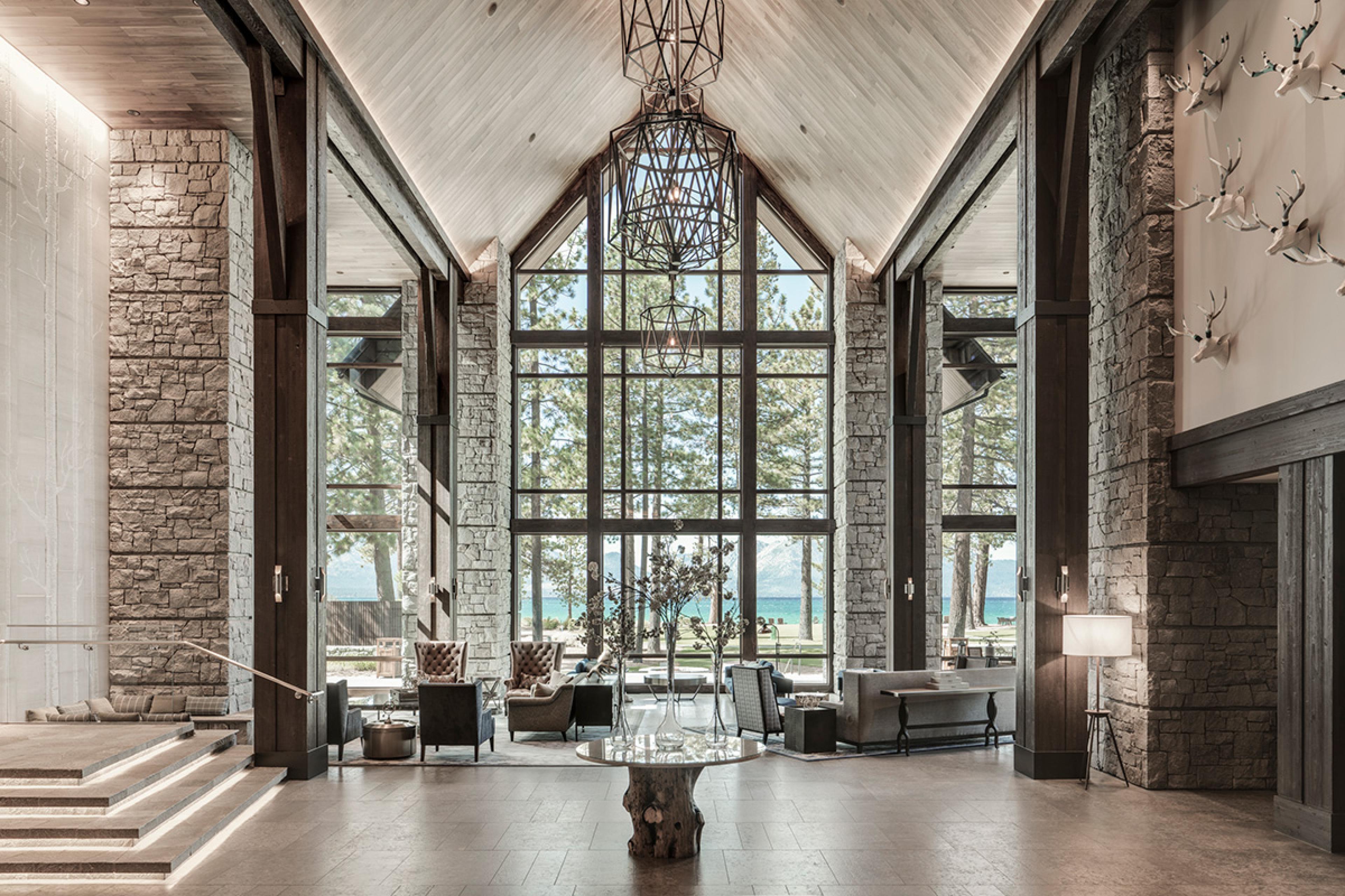 lobby with tall pointed windows 