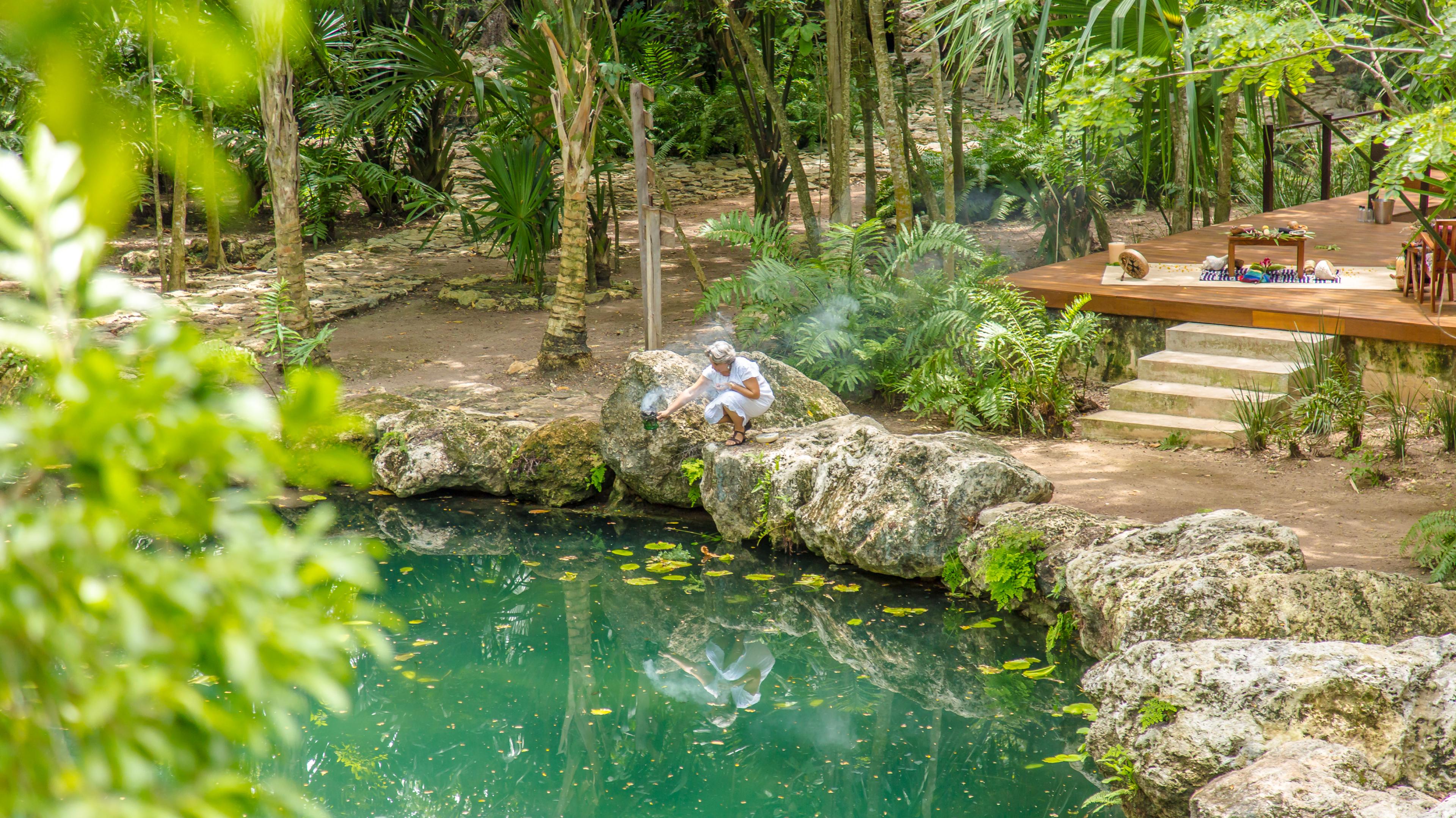 natural pool with a wooden platform next to it