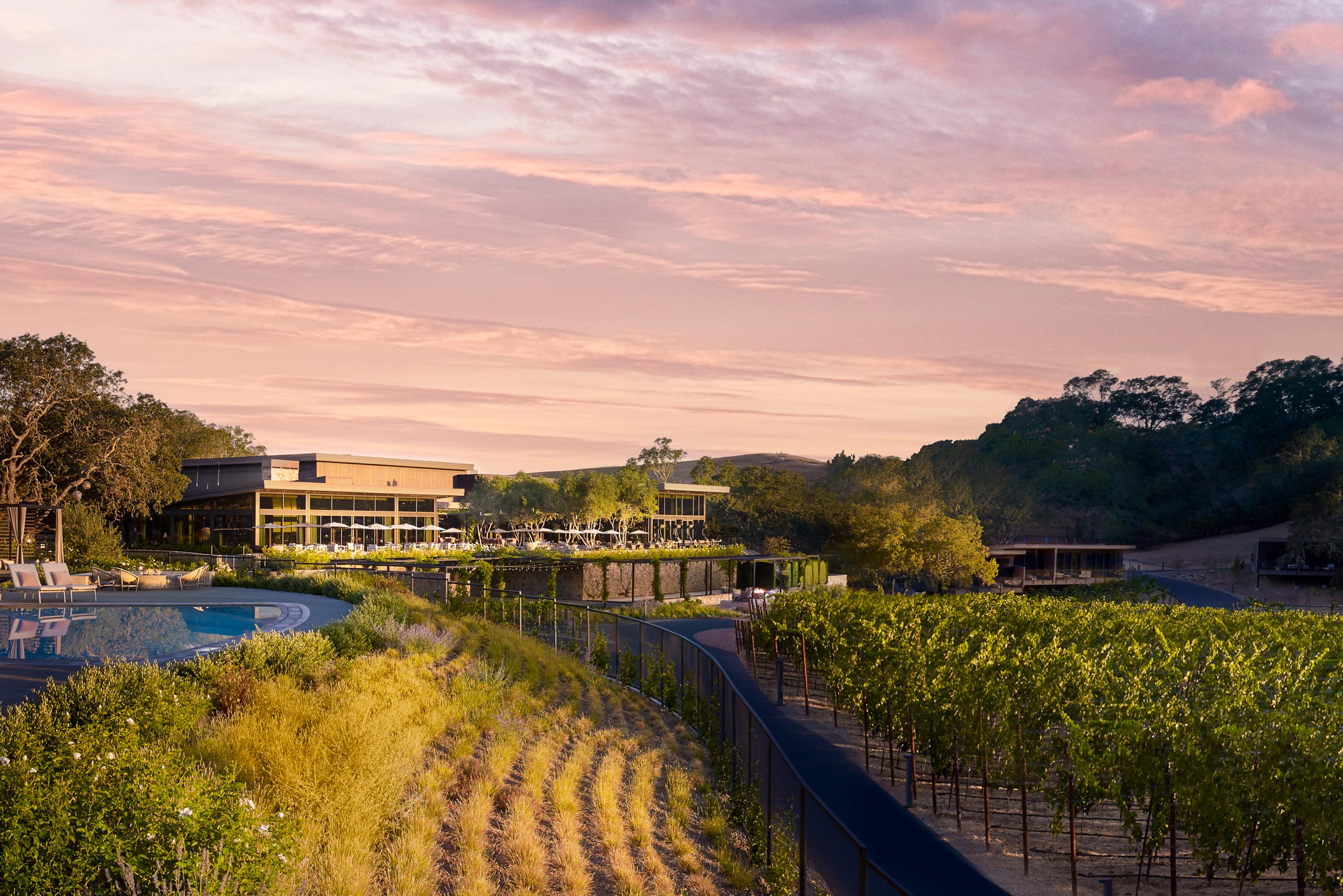 resort at a vineyard at sunset