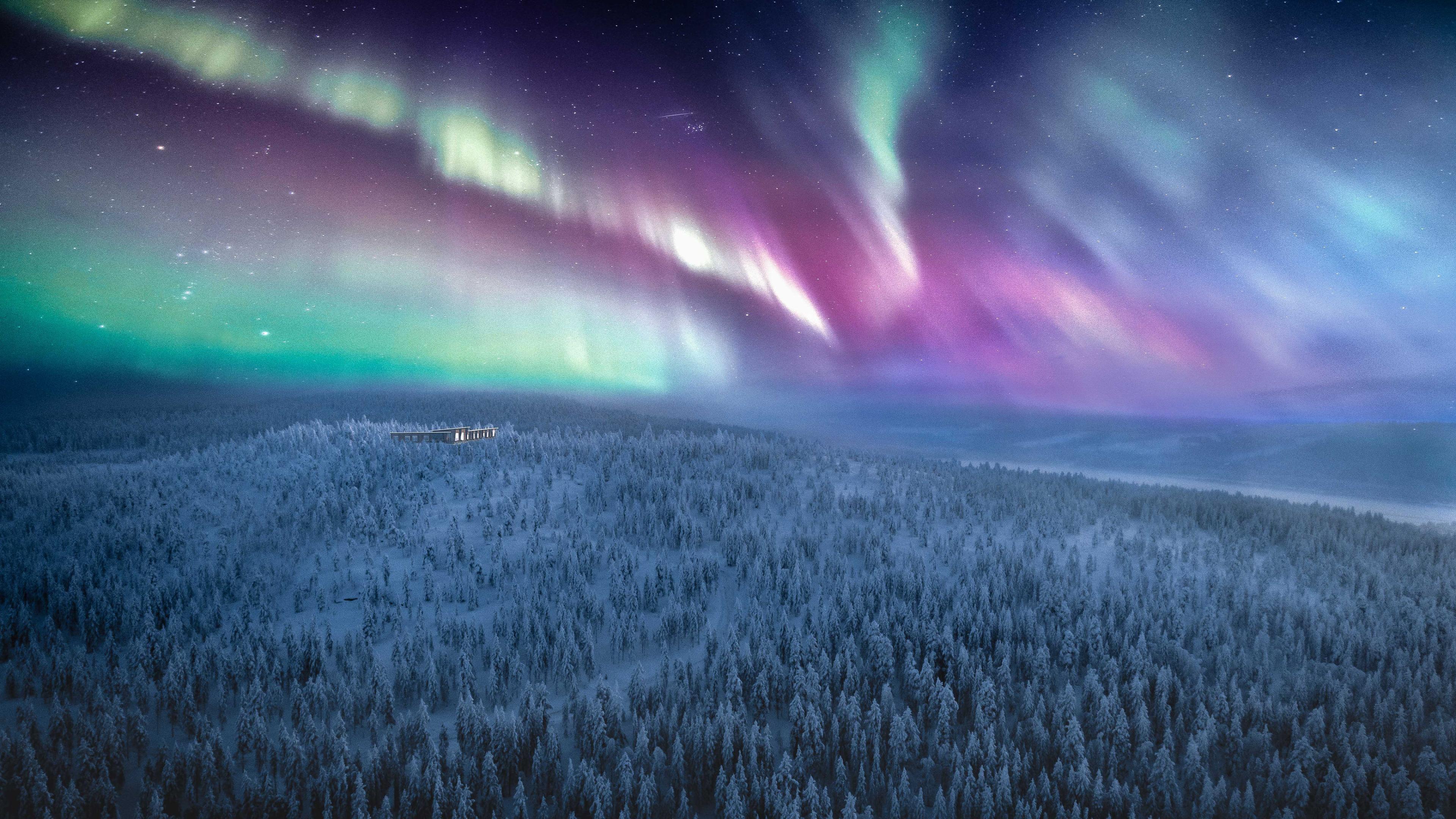 purple and green hued Northern Lights over a winter forest landscape with a lodge in the distance